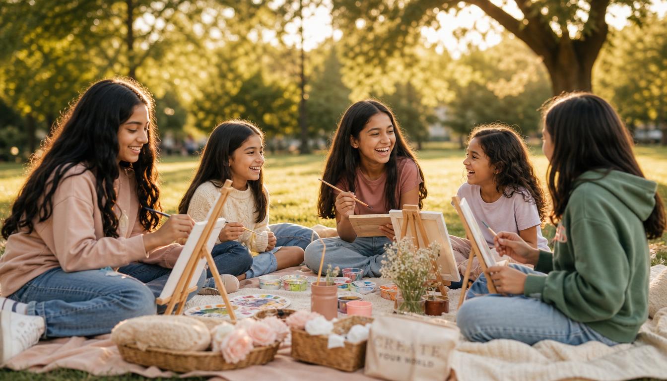 A group of Muslim girls of mixed ages painting together at a sunny picnic